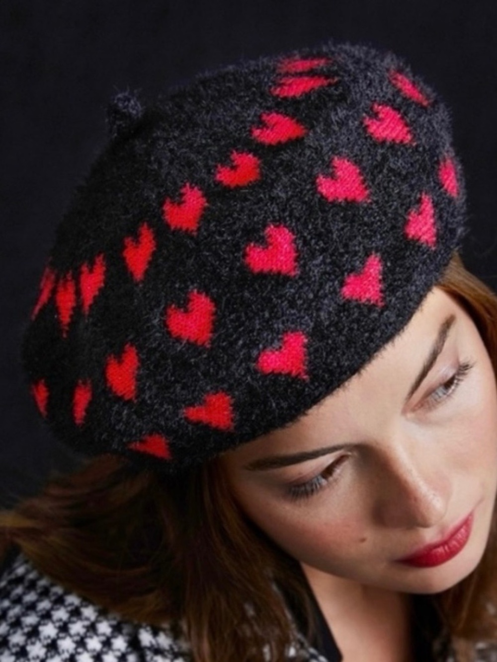 Anthropologie Maeve Red Heart & Black Beret Knit O/S NWT Hat